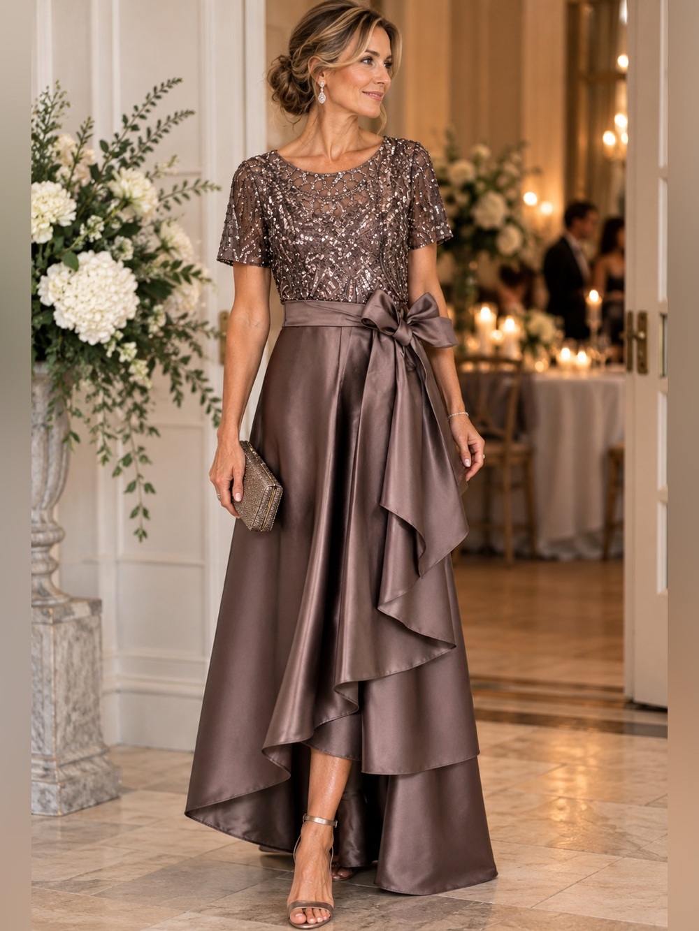 Elegant Sequin Embellished Satin Dress in Lavender Gray
